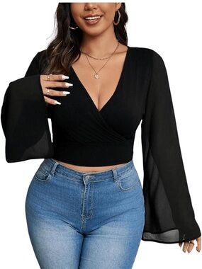 Black Sheer Sleeve Wrap Crop Top -